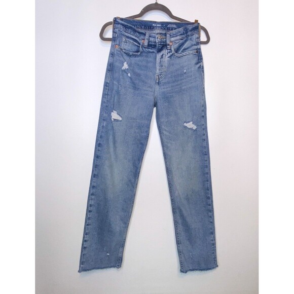 Old Navy Sky-Hi Straight Jeans Women’s 26/0 Button Fly Raw Hem Distressed Denim - Picture 1 of 6